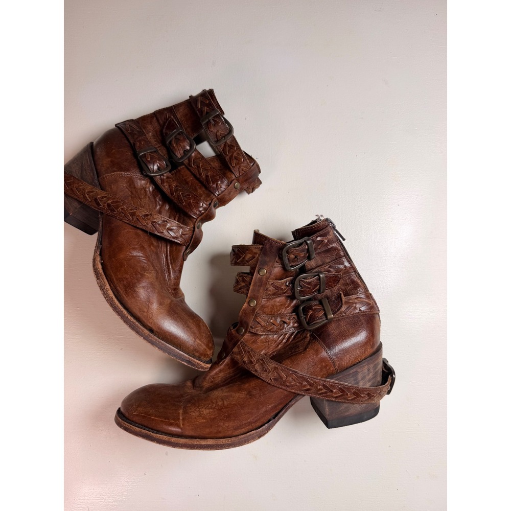 Bed Stu Glaye‎ Ankle Boots Womens Brown Size 8 Braided Triple Buckle Leather